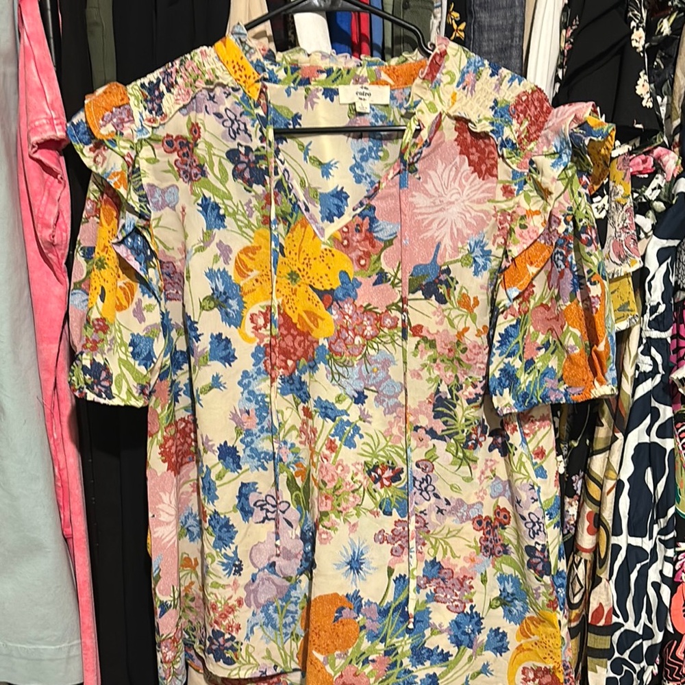 Entro Yellow and Blue Floral Ruffled Blouse